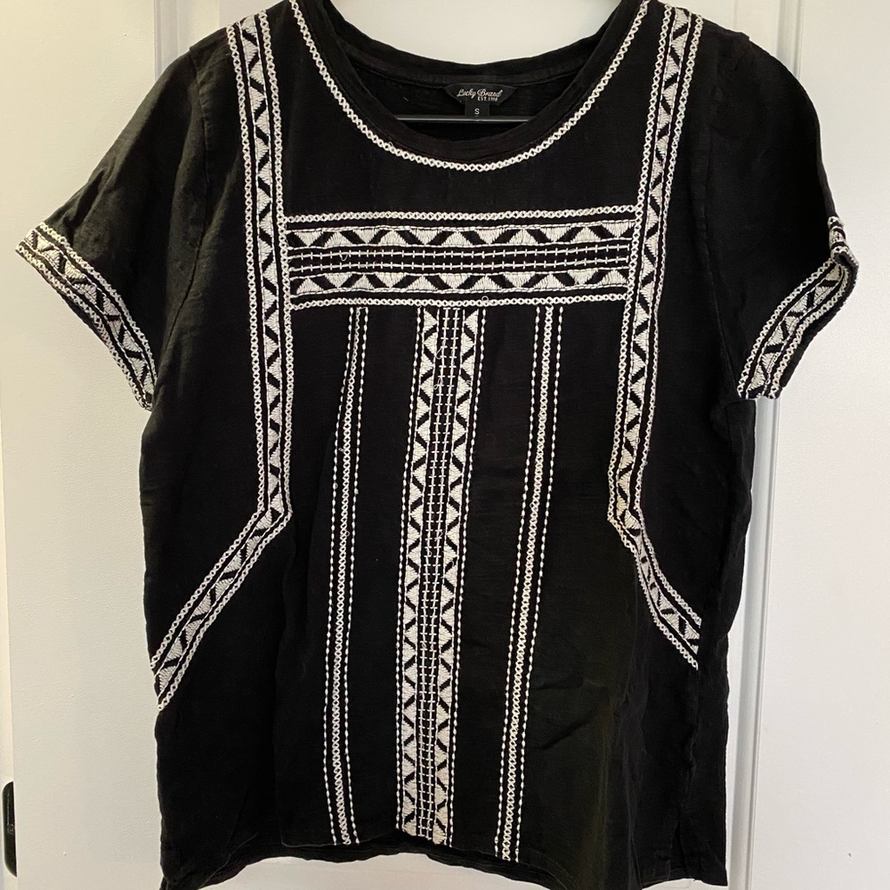 Lucky Brand black embroidered peasant top